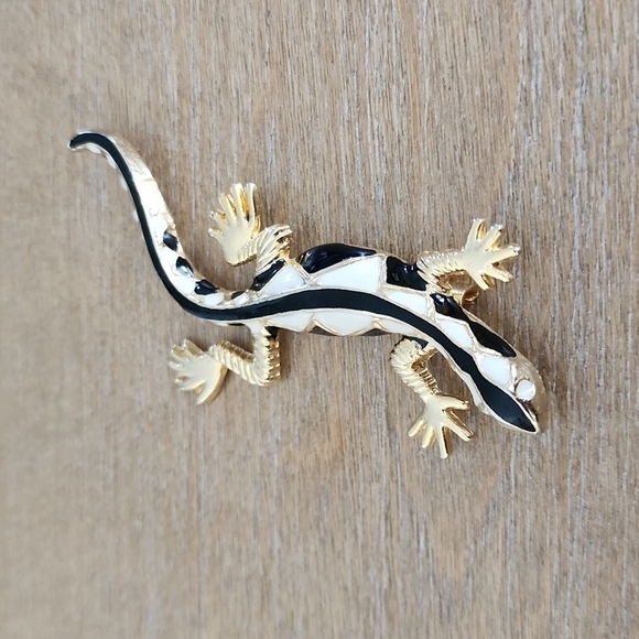 Vintage 80s Salamander Gecko Lizard Brooch Black White Gold 4" Retro - Picture 3 of 5